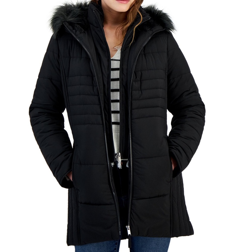 Maralyn & Me Juniors Black Puffer Coat with Faux Fur Hood